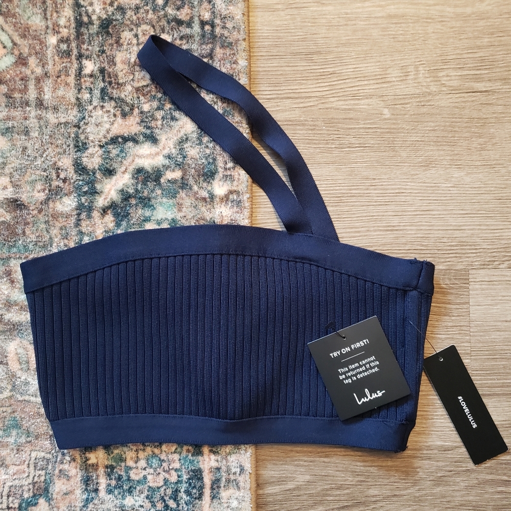 Lulu's Navy One-Shoulder Ribbed Crop Top - Picture 3 of 5